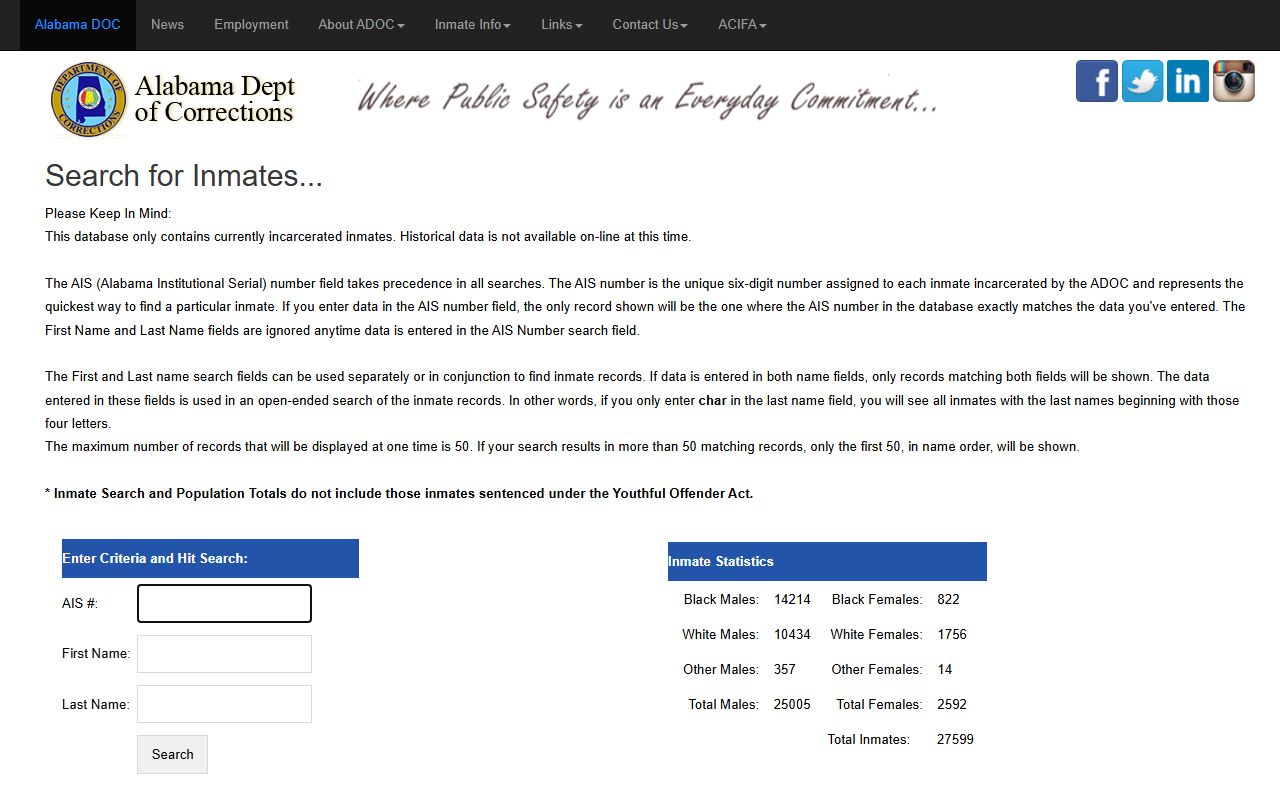 Alabama Department of Corrections inmate search page with AIS first name and last name fields