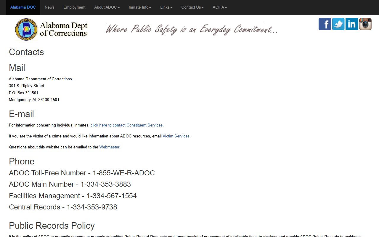 ADOC public-records page for past Chambers County inmate population records